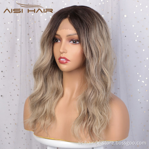 Aisi Hair Medium Long Wavy Ombre Brown Wig 18 Inch Water Wave Swiss Lace Wig Synthetic Front Lace Hair Wigs For Black Women